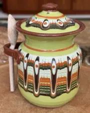 Troyan Bulgaria Green Feather Pulled Glaze Peacock Pottery Jar with Wooden Spoon