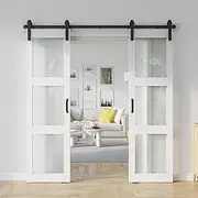 ALAMEDADT 24'' x84'' Double Door Sliding Glass Barn Door Kit with 8 Ft Barn Door Hardware Kit, MDF, Combined with Handle and Floor Guide-Assembly Required-Include Installation Manual, White