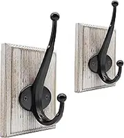 Lomuke Towel Hooks for Bathroom Wall Mounted, 2 Pack Farmhouse Rustic Wall Hooks for Hanging Coat Robe Keys, Heavy Duty Wood Black Hooks for Kitchen Bedroom Decorative (Weathered White)