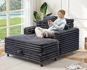 Airynee 60'' Oversized Chaise Lounge Chair Indoor, Multifunctional Sofa Bed with Storage Ottoman and Pillows, Upholstered Cloud Sofas Couches, Plush Chair Bed for Living Room, Bedroom, Office, Gray