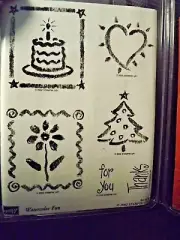 Stampin' Up! 2002 Watercolor fun, birthday cake, flower, tree, heart, thanks NUM