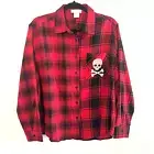 Life Mixed Plaid Flannel Shirt Sz Large Red/Black Skull Crossbones Rhinestone