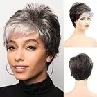 Short Black Mixed White Bangs Wig for Women Pixie Cut Synthetic Layered Cosplay
