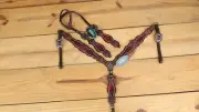 Headstall and Breast Collar Set decorated with Red metallic Snake Print