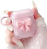 Apple AirPods 1st 2nd Generation Clear Pink Soft Silicone Protective Charging Case Cover & Keychain, Compatible with 1/2nd Gen, for Girls & Women, Wireless & Wired Charging, Cute Kawaii 3D Bow Design