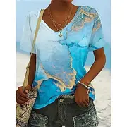 Women's T Shirt Basic Neon Bright Abstract Print Short Sleeve Regular Tops V Neck Daily Weekend Yellow Blue Gold Light Blue