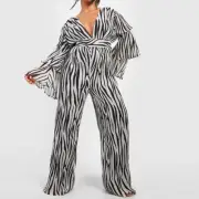 Zebra Print Pleated Plunging Neckline Ruffle Sleeve Wide Leg Jumpsuit Size 16