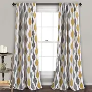 [Lush Decor] Mid Century Geo Light Filtering Window Curtain Panel Pair, 52" W x 108" L, Gold & Gray