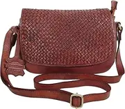 [NATIVE ESSENCE] Genuine Leather Hand Woven Cognac Brown Crossbody Sling Bag for Women Designer Trendy casual office bag Soft Square Weave braided Boho Vintage Saddle Purse with Adjustable Strap, Cognac Brown, Small