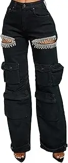 [Geulis] Women Baggy Ripped Jeans Rhinestone High Waisted Cargo Jeans Y2k Wide Leg Pants Streetwear