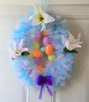 Easter Egg Shaped:Tulle Wreath-Easter Eggs & Spring Flowers W/Pastel Colors-New
