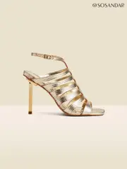 Sosandar Gold Leather Gladiator Square Toe Strap Sandals (E14053) | $251