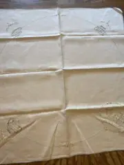 Vintage Table Cloth Linen Ivory Blue Flowers Pitcher Square 35" x 35"