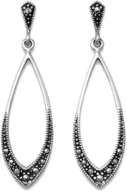 [JewelryWeb] 925 Sterling Silver Marcasite Soft Marquise Shape Drop Earrings Post Back-Earrings Hang 42mm Dangle Earring for Women