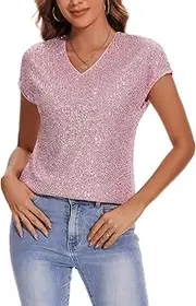 [Kyzoeyou] Tops for Women Sequin Sparkly Shirts Cap Sleeve V Neck Blouse Glitter Sequined Tunic Top Loose Casual Party