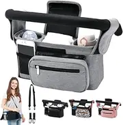 HINATAA Buggy Pram Organiser, Baby Pram Bag with 2 Drink Holders, Buggy Organiser Children's Trolley with Shoulder Strap & 2 x Secure Hooks, Pushchair Accessories with Zip Pocket (Grey)