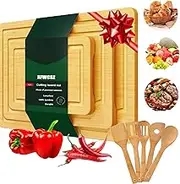 Bamboo Cutting Board for Kitchen, Extra Large Chopping Board Set with 5 Spoon, Double Sided Design Fruit Board with Juice Groove for Food Bread, Cheese, Fruits, Vegetables, Meat, Chicken(3Pcs)