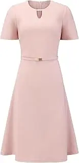 [Hobemty] Women's Elegant A-Line Dress Choker V Neck Belted Wear to Work Fit and Flare Dresses