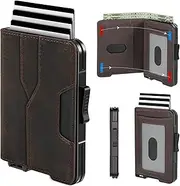 [Kunlgro] Wallet for Men - Pop Up Case, Cash Slot, and Credit Card Wallet - Slim Minimalist Aluminum Front Pocket Wallet with RFID Blocking/ID Window, Genuine Leather Dark Coffee, Minimalist