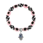Pink & Grey Evil Eye Beads Bracelet with Hamsa Charm