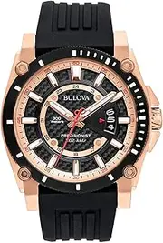 [Bulova] Men's Icon Precisionist 3-Hand Calendar Rose Gold Stainless Steel Watch with Black Polyurethane Strap, 47mm Style: 98B152, Black Ion-Plated/Rose Gold, CASE 46MM, Precisionist Quartz Two-Tone