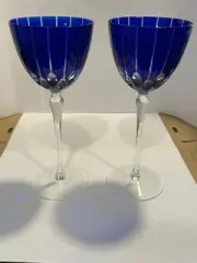 SET (2) Murano Crystal Wine Glasses Cobalt Blue Purchased in Italy Artist Signed