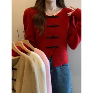 大紅色針織開衫氛圍感短款毛衣