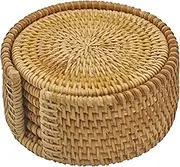 Set 6 Pcs with Holder Handwoven Rattan Coasters - Cup Base Plates & Dishes Insulated Hot Pads Pot - Living & Dining Room Kitchen Accessories (Rattan, 4" Round)