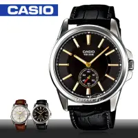 在飛比找momo購物網優惠-【CASIO 卡西歐】經典紳士錶款 全黑皮革石英 指針男錶(