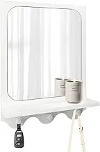 Snazzify 16x12 Inch Wall-Mounted Mirror with Shelf and Hooks, White Decorative Entryway Mirror with Storage for Hallway, Bathroom, or Bedroom - 4in Shelf Width, White