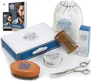 Monster&Son Premium 7-Item Beard Grooming Kit | Beard Oil, Beard Balm, Beard Brush, Beard Comb, Scissors, Canvas Travel Bag | Male Grooming Kit in Gift Box | Great As Mens Birthday Gift | Father's Day