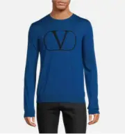 NEW Valentino Bright Blue Wool Logo Crew Neck Pullover Sweater Sz 48 NWT $1355