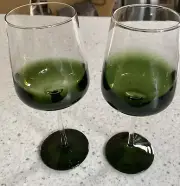 Pier 1 One Elemental Green Hand Blown Art Glass Wine Water Stemware Pair