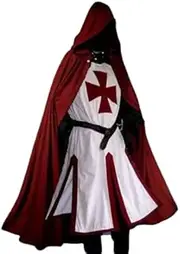 MEDIEVAL HANDICRAFTS STORE Medieval Wearable Templar Cloak - Knight Crusader Cloak Costume Tunic Cape with Cross Emblem, White & Red