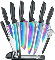 PurpleChef 10 Pieces Iridescent Rainbow Titanium Coated Kitchen Knives Set. Includes 6 Stainless Steel Knives, Scissors, Knife Sharpener, Peeler, and Clear Acrylic Stand.