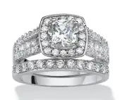 CUSHION CUT HALO ACCENTS BRIDAL 2 RING SET PLATINUM STERLING SILVER 6 7 8 9 10