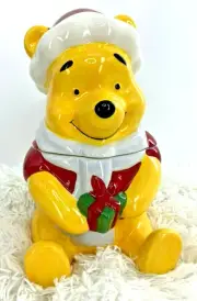 Disney Winnie The Pooh Cookie Jar Christmas Santa Hat Ceramic Present Lid 10”