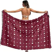 [RPLIFE] White Polka Dots Dark Red Bottom Sarong Fringe Beach Sarong Wraps Women, Large, White Polka Dots Dark Red, Medium