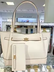 Michael Kors Reed Women Large Leather Belted Tote Bag+Snap Wallet (Light Cream)