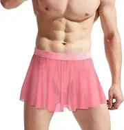 [JIAHG] Men’s Sheer Mesh Mini Skirt Cross-dressing Sissy Lingerie Low Waist See Through Skirt Nightwear Gay Party Underwear, Pink, One Size