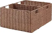 [Vagusicc] Wicker Storage Basket, Set of 2 Hand-Woven Paper Rope Wicker Basket, Small Storage Baskets for Organizing Toilet Paper Basket, Foldable Large Cube Storage Organizer Bins for Shelves (Brown)