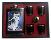 STANDING WOLF FLASK GIFT SET four shot glasses funnel DRINKING HIP GI636 LIQUOR