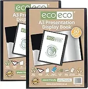 eco-eco A3 Size 50% Recycled 60 Pocket Black Presentation Display Book, Storage Case Portfolio Art Folder with Plastic Sleeves eco021x2 (Pack of 2 Books)