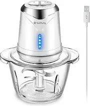 Food Processor 6000mAh Cordless Mini Chopper with 1.2L Glass Bowl, Electric Food Processors BPA-free Garlic Mincer Blender with 4 Stainless Steel Blades, 2 Speeds for Baby Food, Meat, Veggie (White)