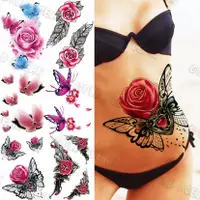 在飛比找蝦皮購物優惠-蕾絲七彩花朵玫瑰翅膀臨時紋身女成人逼真蝴蝶假紋身貼紙性感腰部