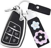 OFF WE GO for Chevy Key Fob Cover with Leather Keychain, Soft TPU Protector Key Fob Case Fits for 2021-2024 Chevy Suburban Tahoe Silverado 1500 GMC Yukon Sierra Buick Envision (Silver Black)