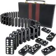 Jumbo Double Six Dominoes Set - 28 Black Classic Tiles in Faux Leather Case - Fu