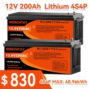 2PCS 12V 200AH Lithium Battery Iron Phosphate LiFePO4 Deep Cycle Rechargeable RV