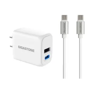 【GIGASTONE 立達】PD/QC3.0 20W雙孔急速快充充電器+C to C 60W充電傳輸線(iPhone 15/Android手機充電頭組)