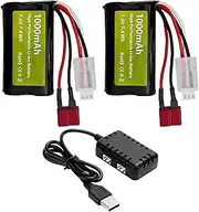 2PCS 7.4V 1000mAh 2S Li-ion Battery with T Plug and 2in1 Charger Suitable for YC100 HM161 HM162 HM166 HM201 9145 1:20 RC Truck RC Car HBX X03 Remote Control Ship Battery